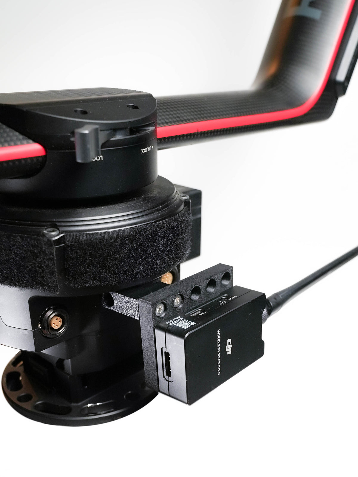 Closeup of mounting bracket for transmitter for DJI Ronin 2
