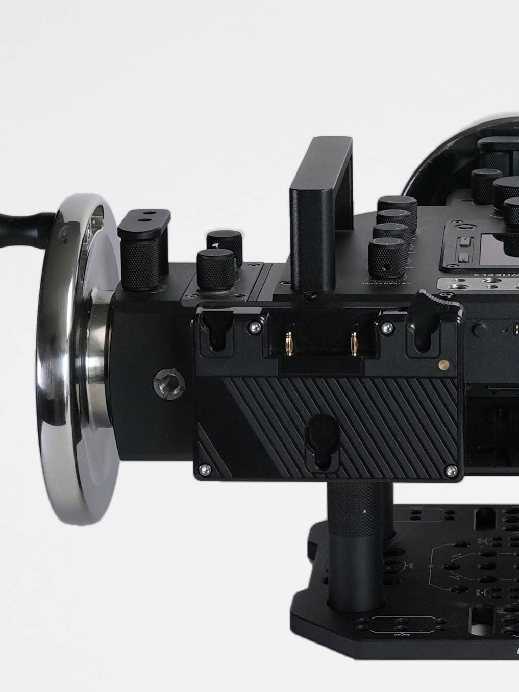 Rear closeup View of DJI masterwheels showing a battery mount