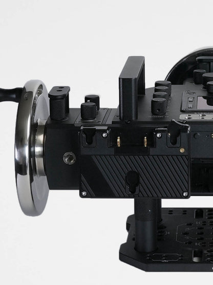 Rear closeup View of DJI masterwheels showing a battery mount