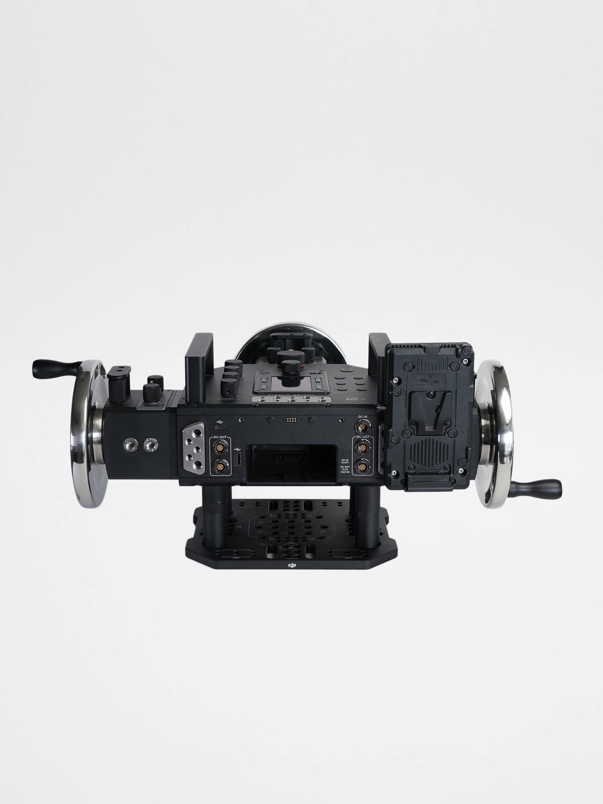 Rear View of DJI masterwheels showing a battery mount for V mount